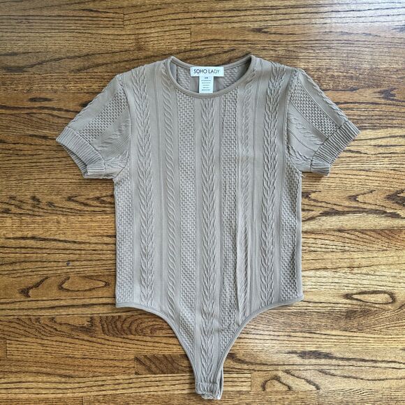 Women's Soho Lady Black Tan Bodysuit Ribbed Short Sleeve Shirt Tops S/M - Lot 2 - Picture 2 of 9